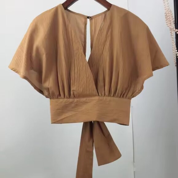 Summer Chiffon Blouse Wrap Front V Neck Bow Tied Back Khaki Color - Picture 1 of 3